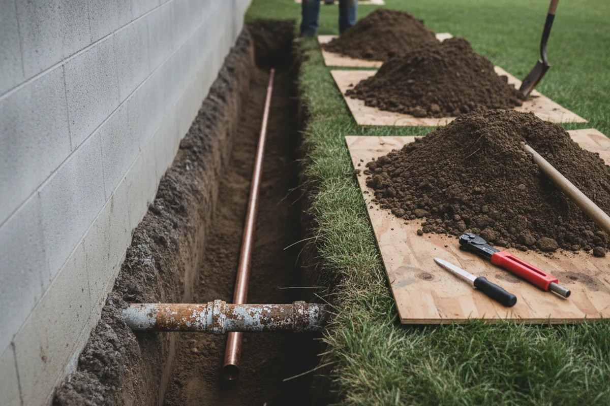 Excavated water line trench during Water Softener Installation in Tall Timbers